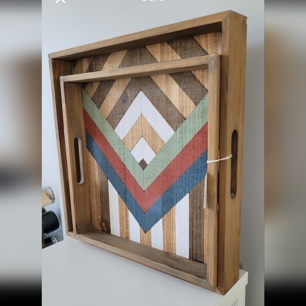 2 New Geometric Wooden Serving Trays - Picture 2 of 7
